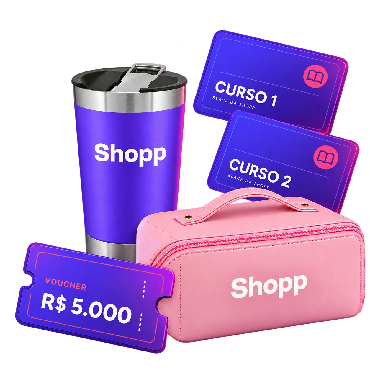 Possíveis presentes da Black da Shopp: copo personalizado, nécessaire, Curso 1, Curso 2 e voucher de R$ 5.000